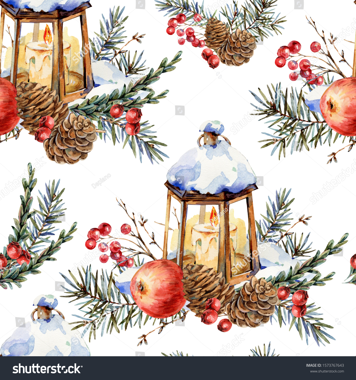 Watercolor Christmas natural seamless pattern of fir branches  red apple  berries  pine cones  lantern  vintage texture on white background. Nature winter design wallpaper