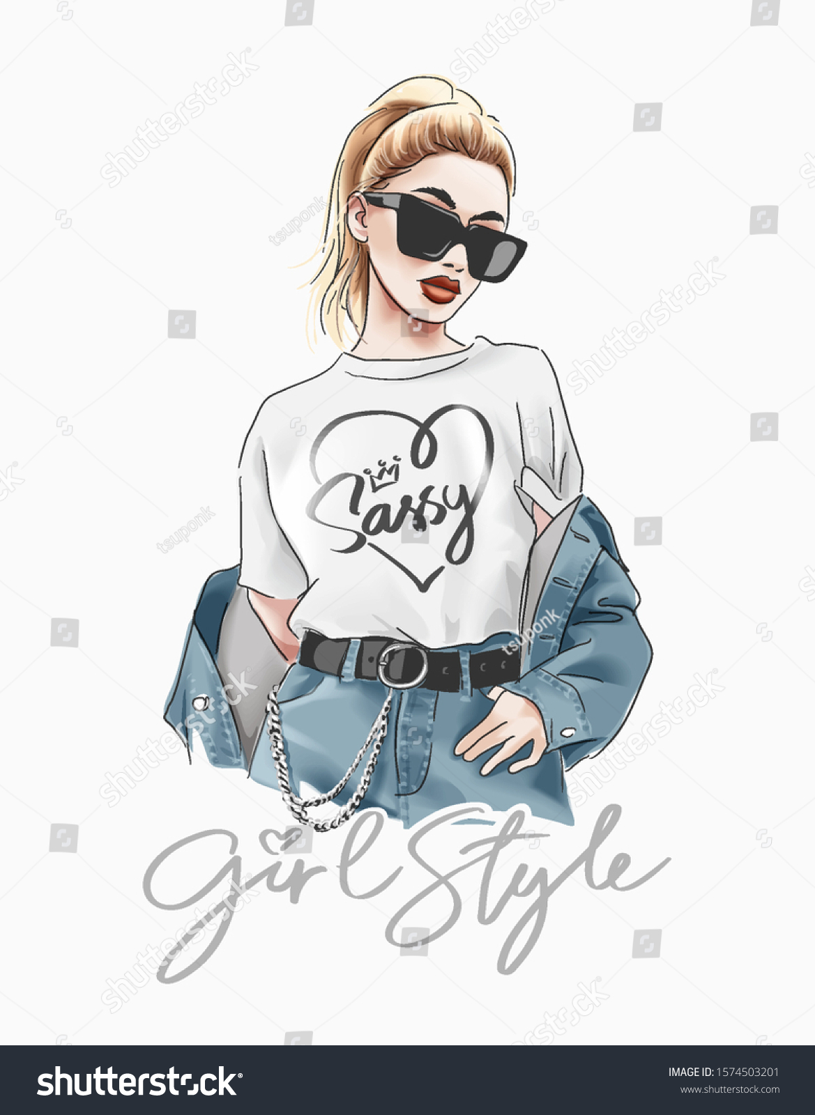 girl style slogan with fashion girl in sunglasses illustration