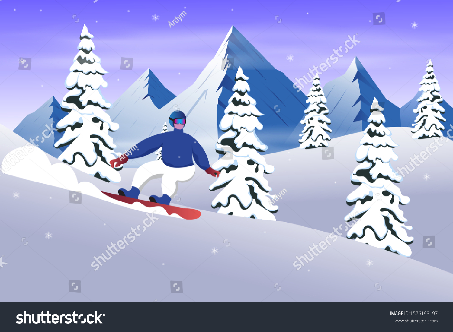snowboarder sliding from the mountain in winter vector illustration