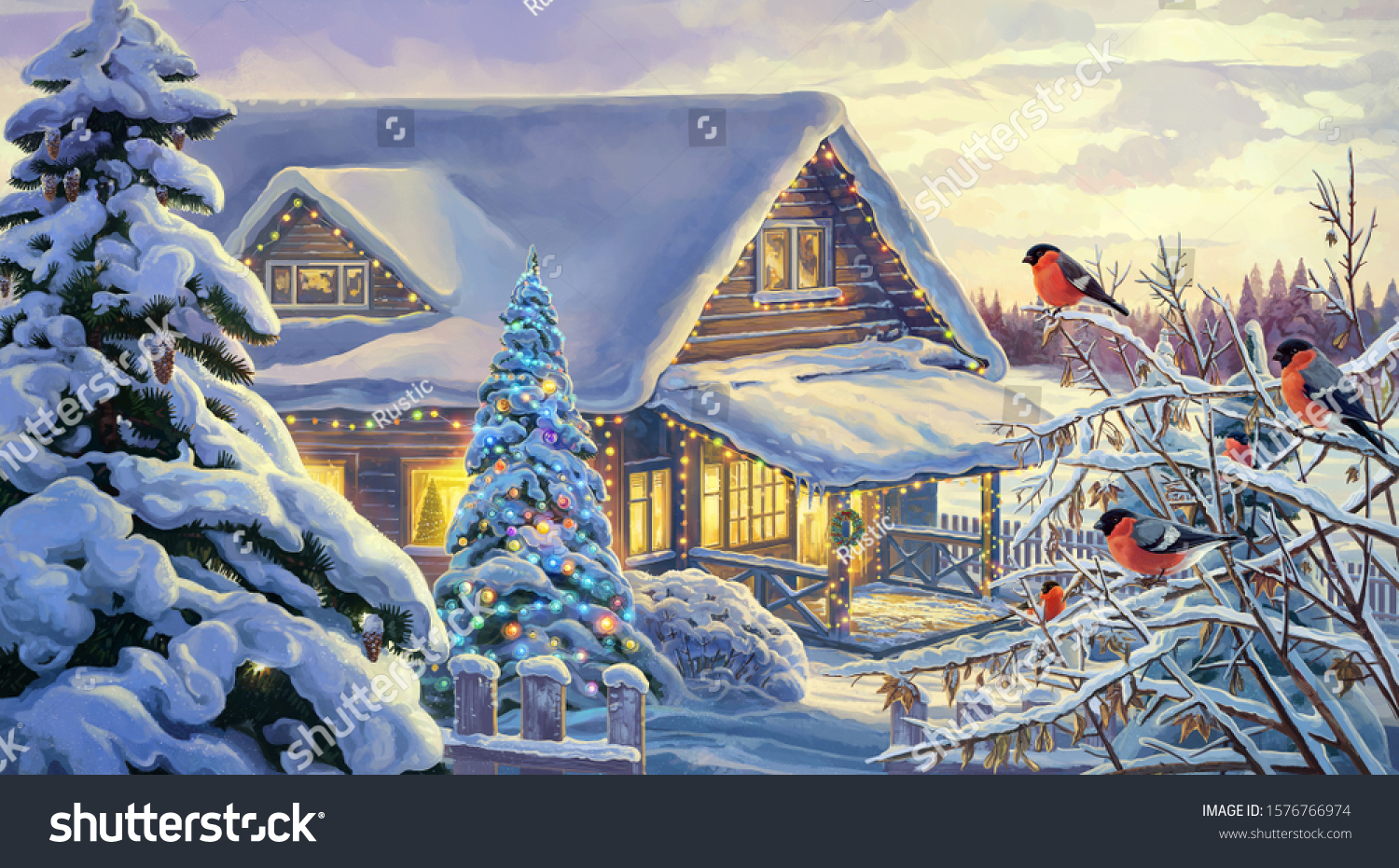 Winter rural landscape with festive Christmas fir tree and bullfinches.