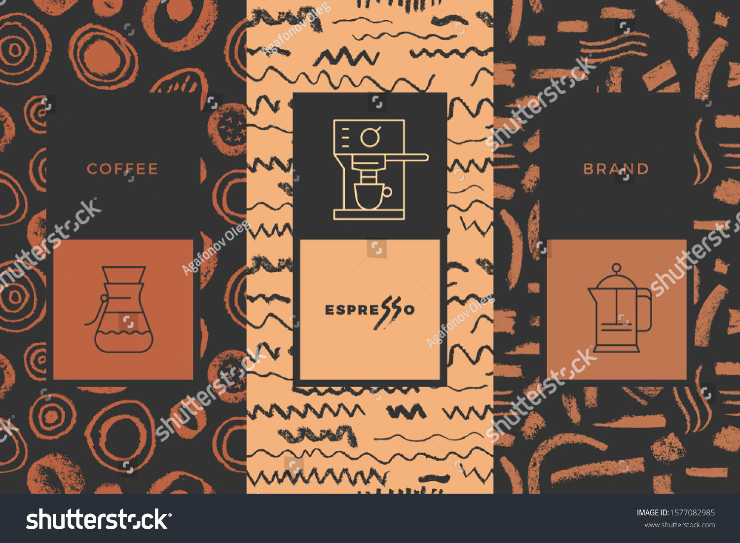 Coffee line icon with abstract seamless pattern  vector creative background. Coffee shop emblem  cafe menu  packaging design  organic coffee logo  take away coffee  100% arabica badge.