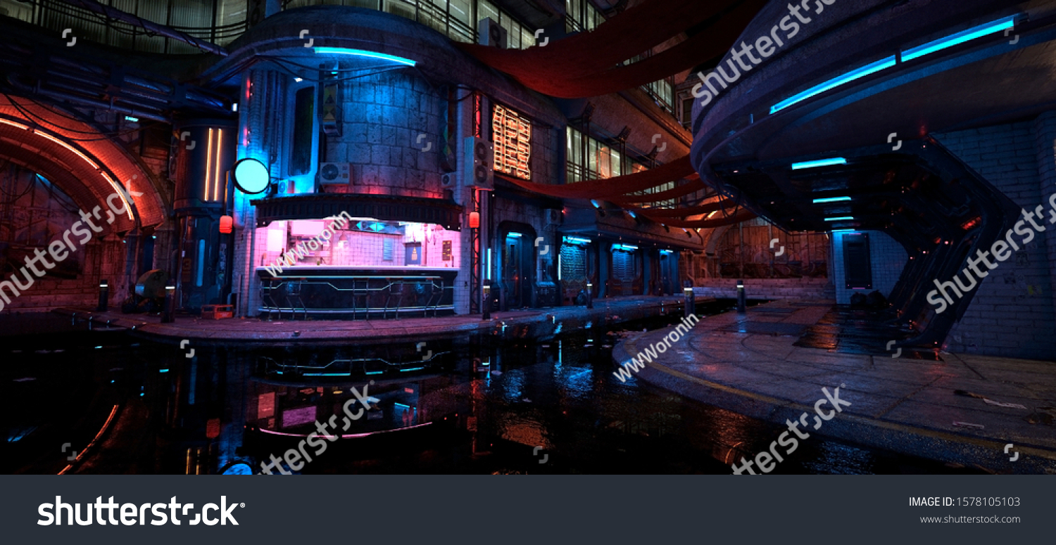 霓虹灯之夜在一个未来派的城市。逼真的3D插图。壁纸以赛博朋克风格。空的街道上有霓虹灯在水中反射。美丽的夜城景观。垃圾城市景观。