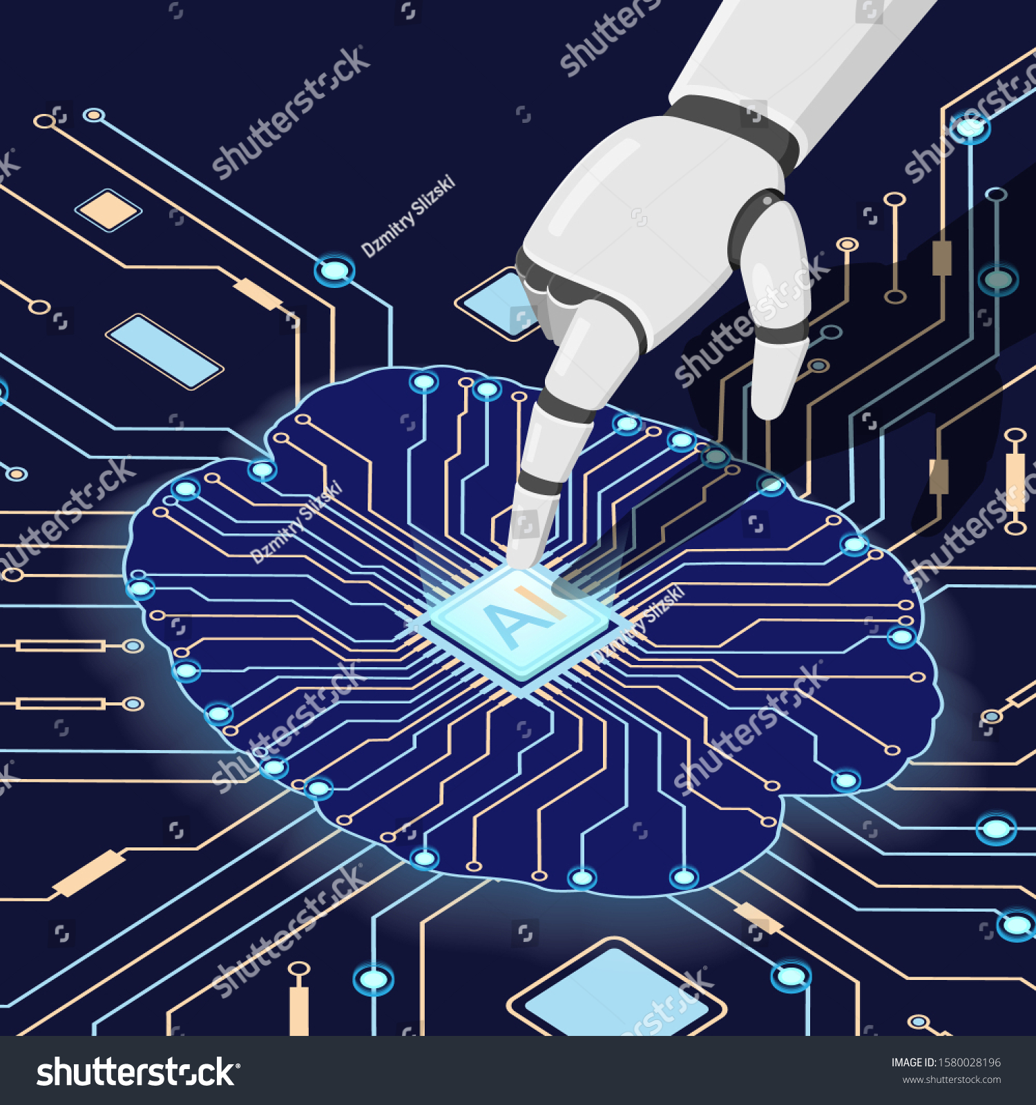 The artificial intelligence microprocessor on the circuit board. The hand of the robot touches the processor. AI. Vector illustration.