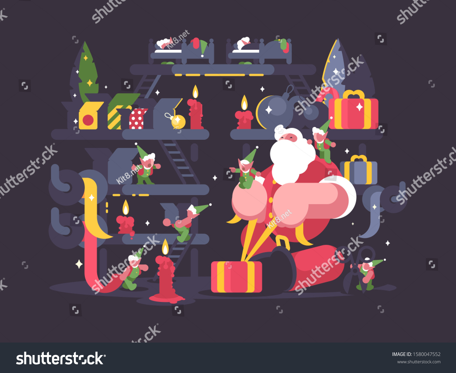 Santa Claus and elves pack gifts for Christmas. illustration