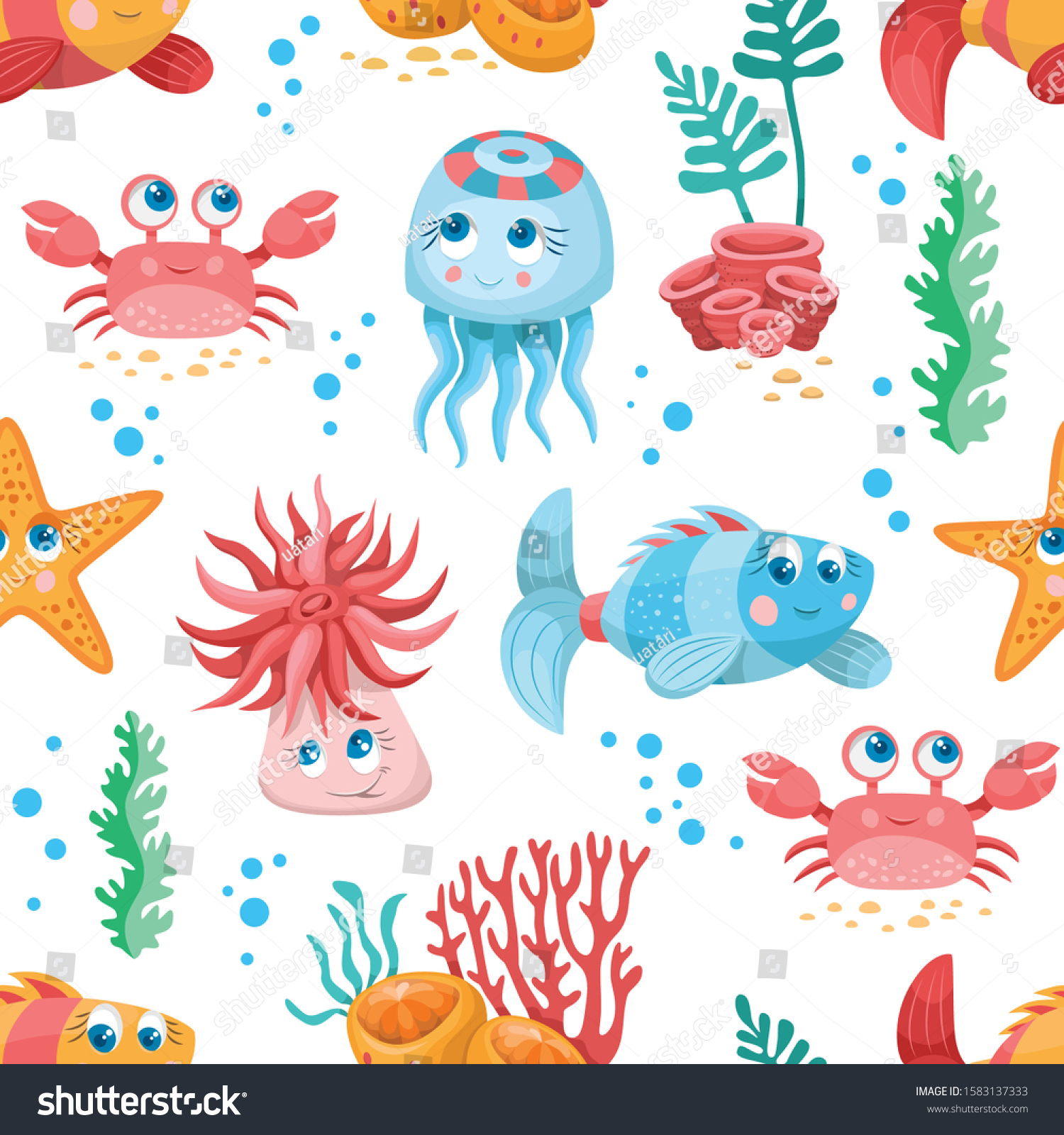 Sea life seamless pattern. Fishes vector background. Children's ...