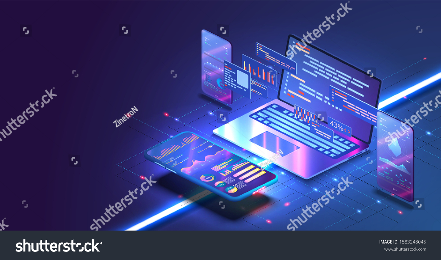 Application of Smartphone with business graph and analytics data on isometric mobile phone. Analysis trends and software development coding process concept. Programming  testing cross platform code