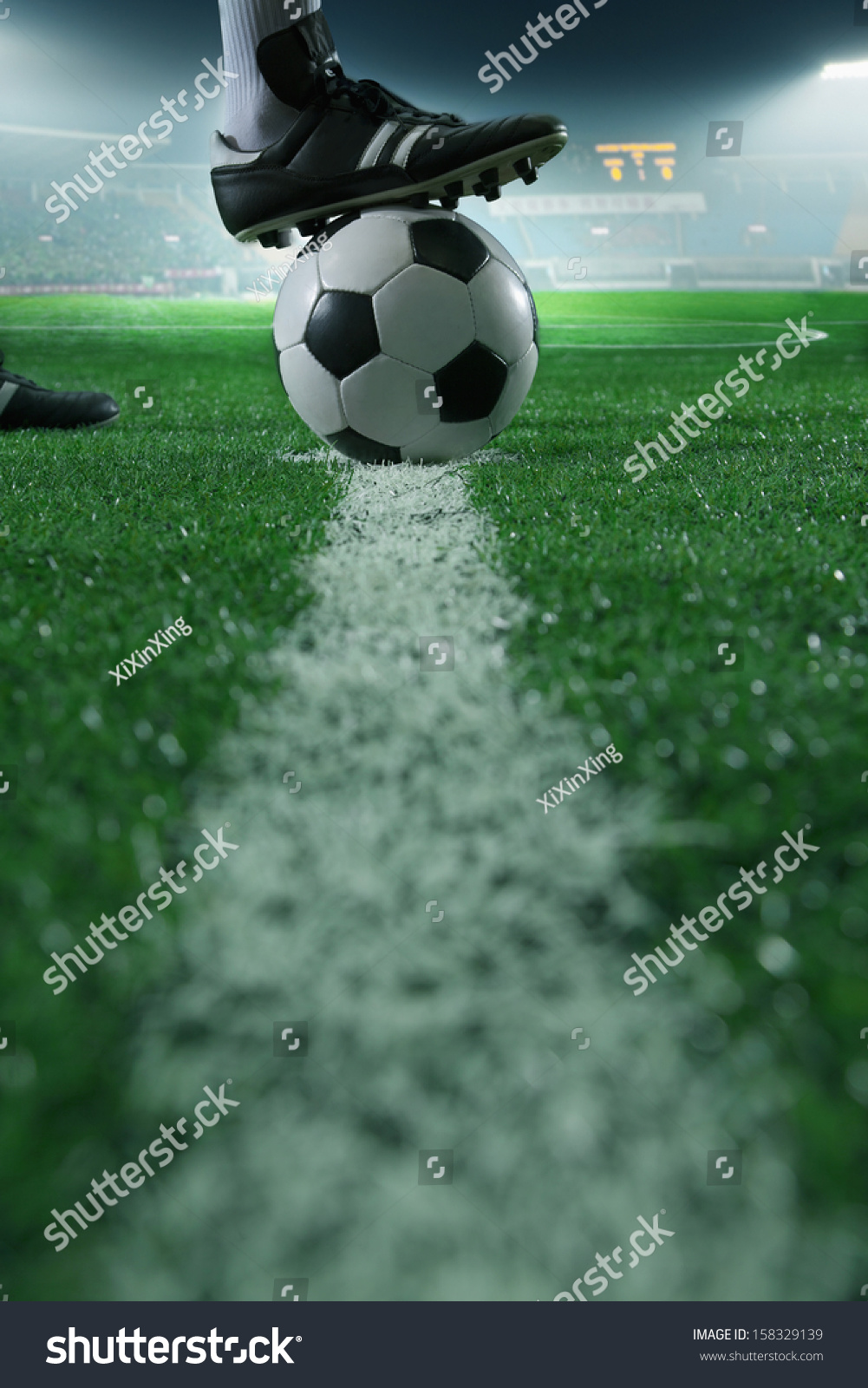 Close up of foot on top of soccer ball on the line