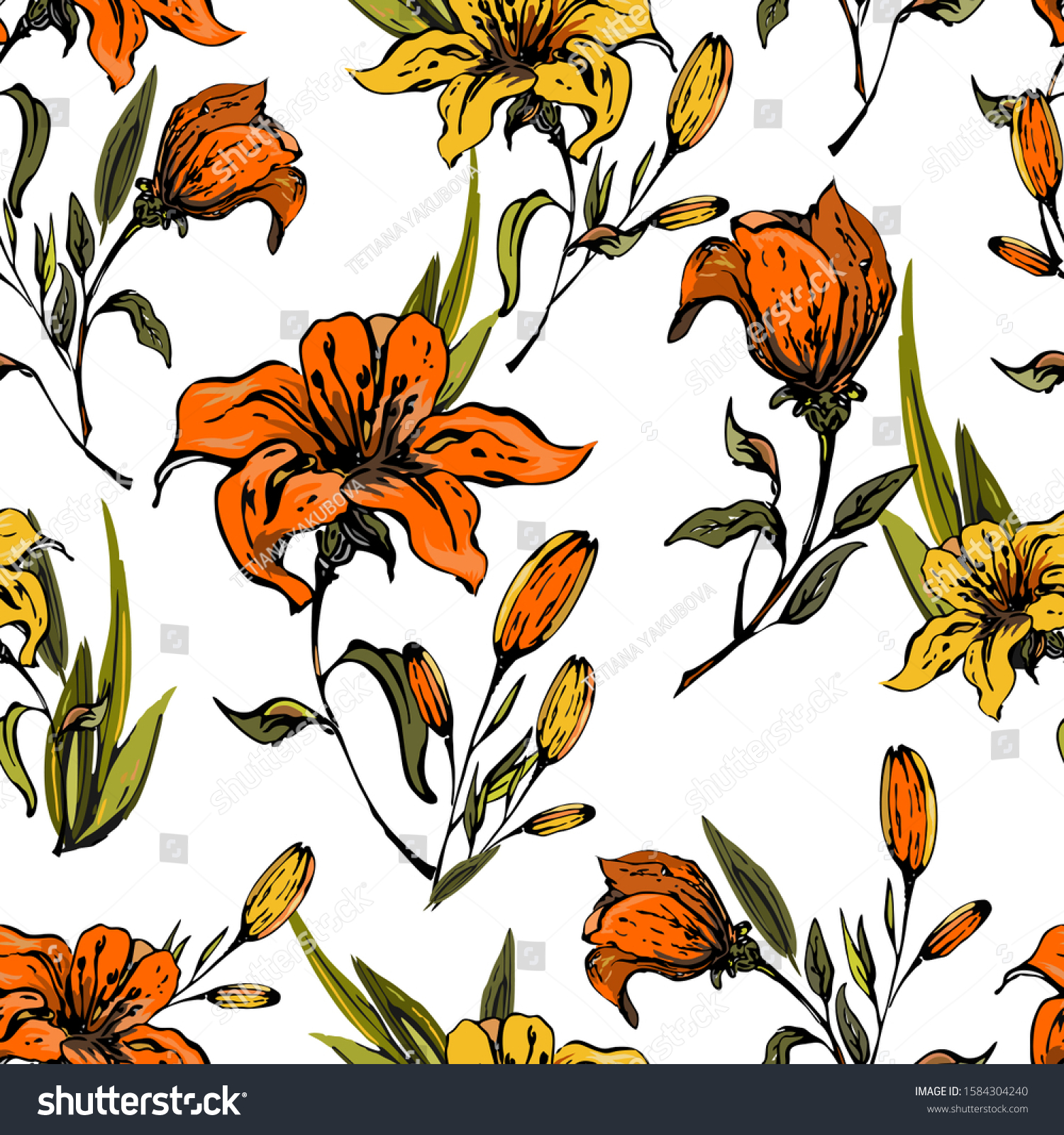 Floral elegant seamless pattern with the image of garden lilies on a white background. Orange and yellow flowers and buds are located randomly. Vector for print  textile  fabrics  wallpaper  tile.