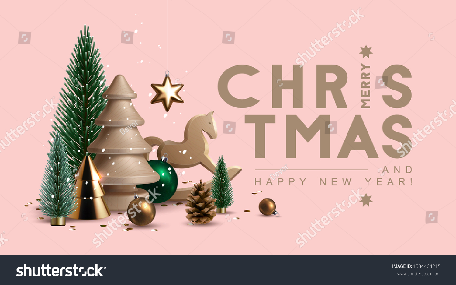 Christmas header with composition made of glass  wooden and plastic  Christmas trees  glass ornaments  festive elements and season greetings. Vector Illustration.  
