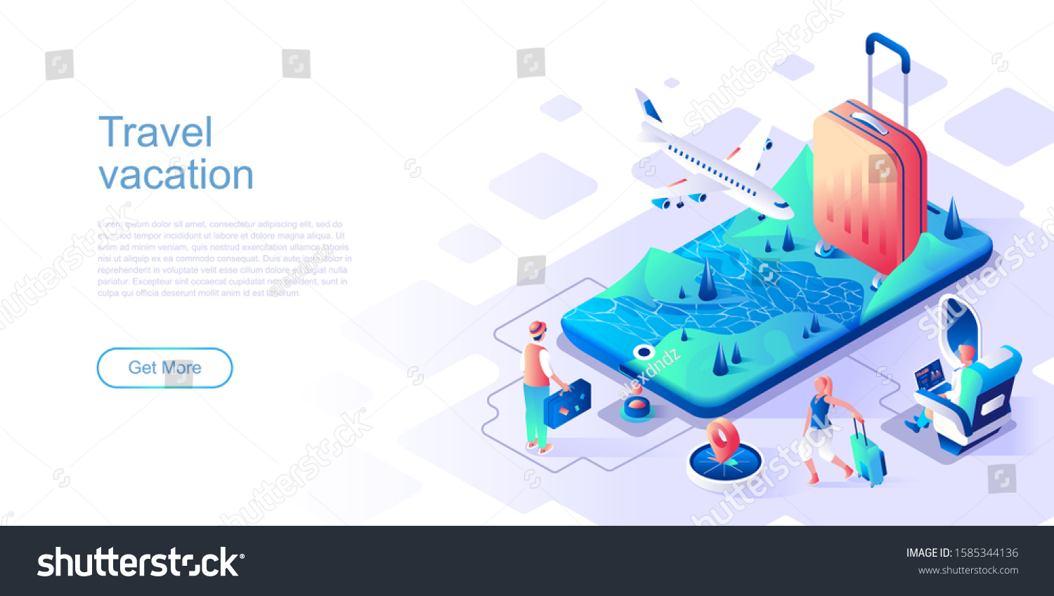 Travel vacation landing page vector template. International voyage with suitcase website header UI layout with isometric illustration. Tourism and adventure web banner isometry concept