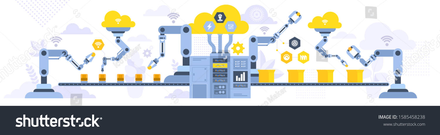 Assembly line with robotic arms flat illustration. Automated production process  high tech machinery. Industrial revolution concept