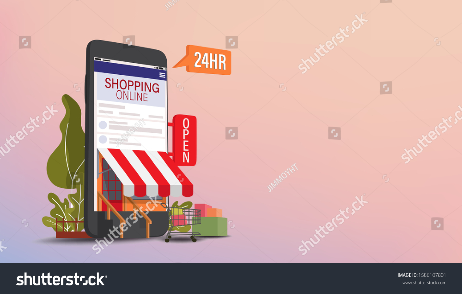 Mobile phone represent of front of shop store.Shopping Online on Website or Mobile Application Vector Concept Marketing and Digital marketing  Long Background