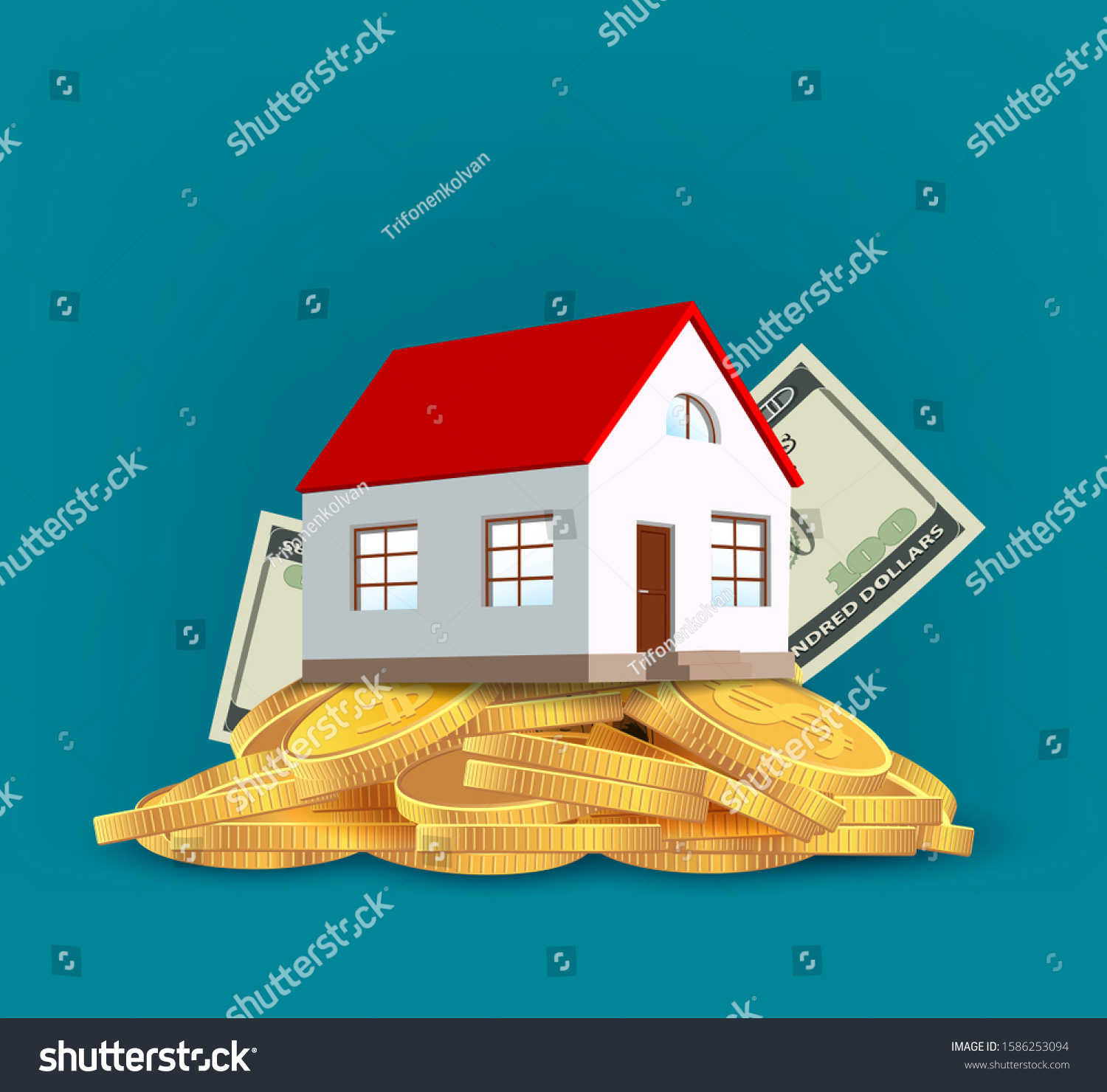 Building house stands on a pile of gold coins dollar. Real estate sales and mortgages. Vector illustration.