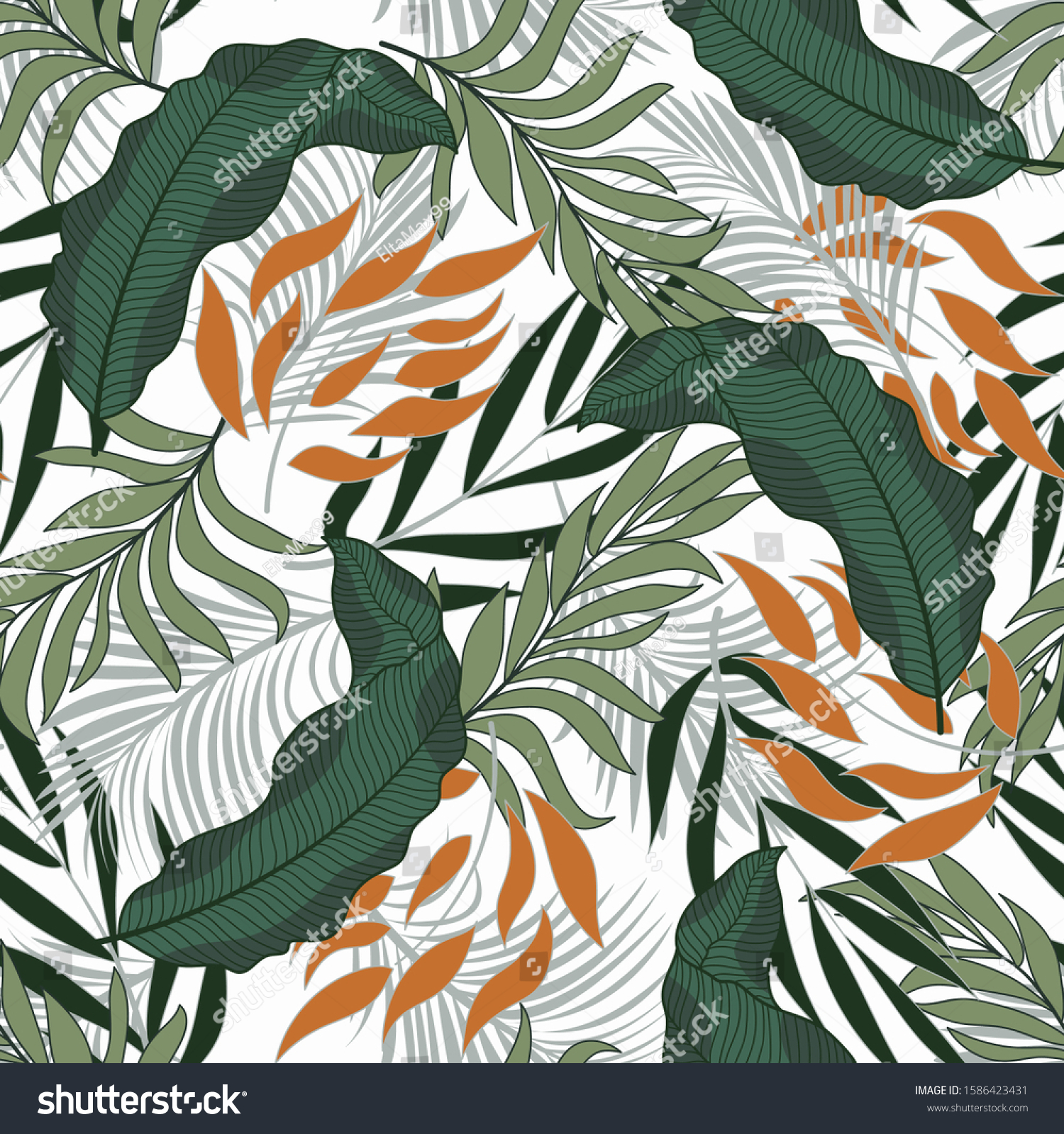 Trendy seamless tropical pattern with bright orange and green plants ...