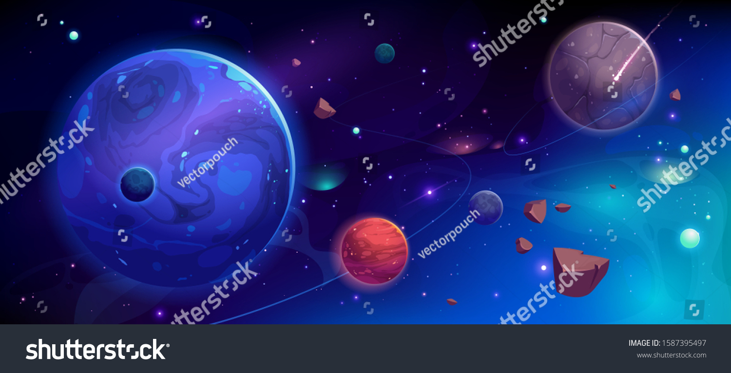 在外太空的行星 带有卫星 流星降落和小行星在黑暗的星空中。 Galaxy Cosmos Universe Futuristist fantasy View View背景计算机游戏。卡通矢量图