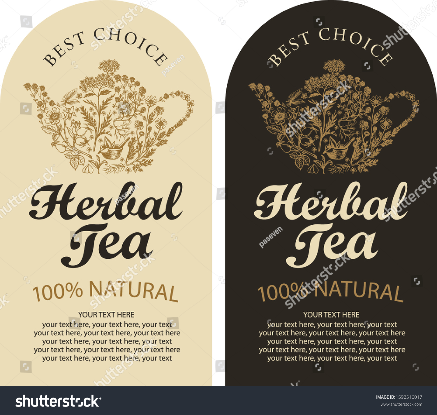 Set of two vector labels for a herbal tea with sketches  calligraphic inscriptions and place for text in retro style. Tea labels with teapot or kettle consisting of hand-drawn medicinal herbs.