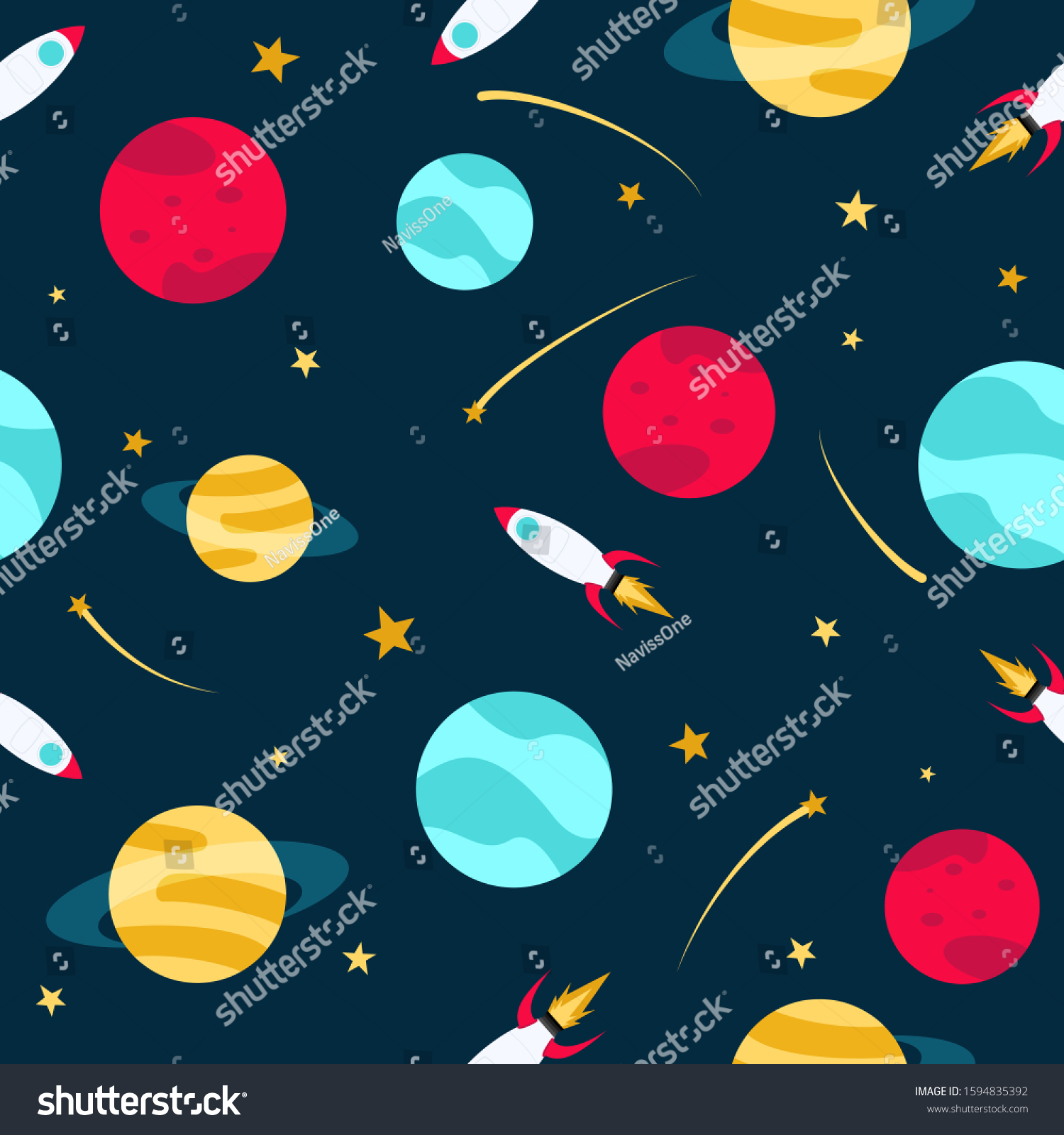 Vector seamless pattern on the theme of space  universe. On a dark blue background  bright multi-colored planets  stars  spaceships  comets.