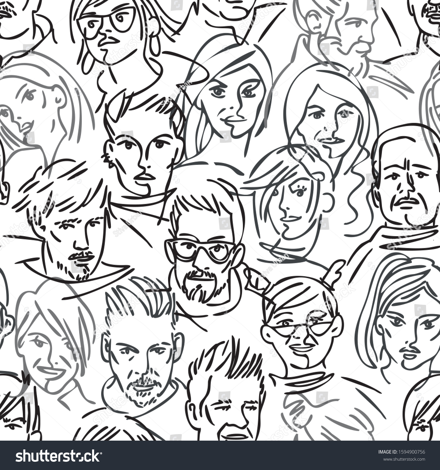 Seamless pattern of a group of people. Many different avatars. Portraits of men and women. Black and white linear people. character design. vector illustration.
