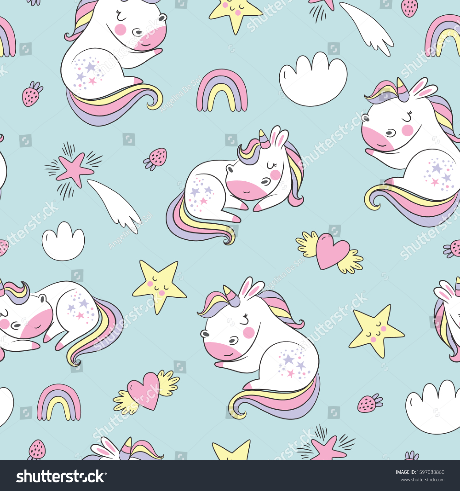 Seamless childish pattern with cute sleeping baby unicorn. Creative ...