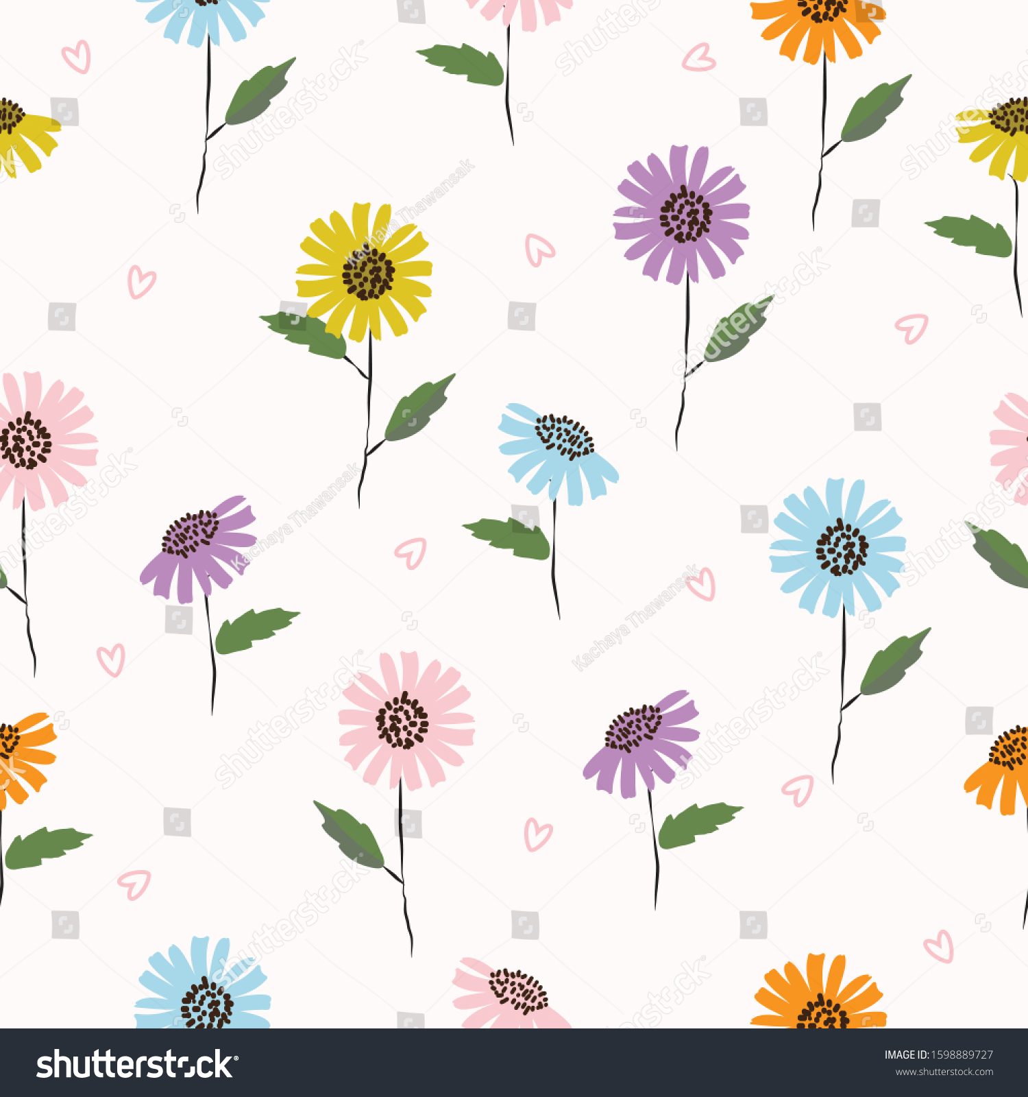 Seamless cute hand drawn pastel flowers pattern vector illustration for ...