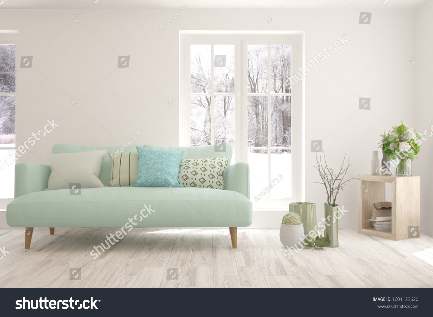 Stylish room in white color with sofa and winter landscape in window. Scandinavian interior design. 3D illustration