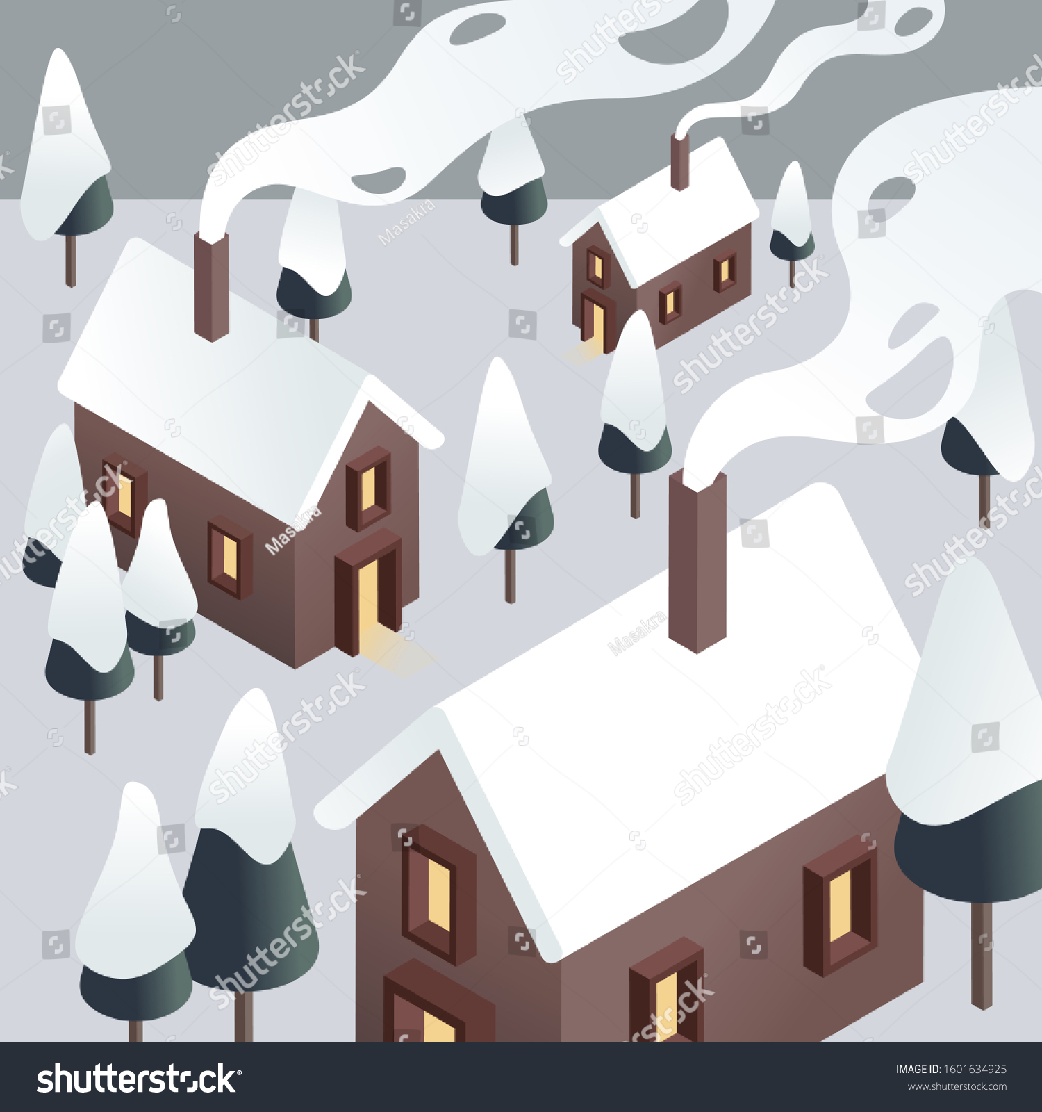 3d countryside. Simple low poly architecture. Isometric vector illustration of snowy winter village.
