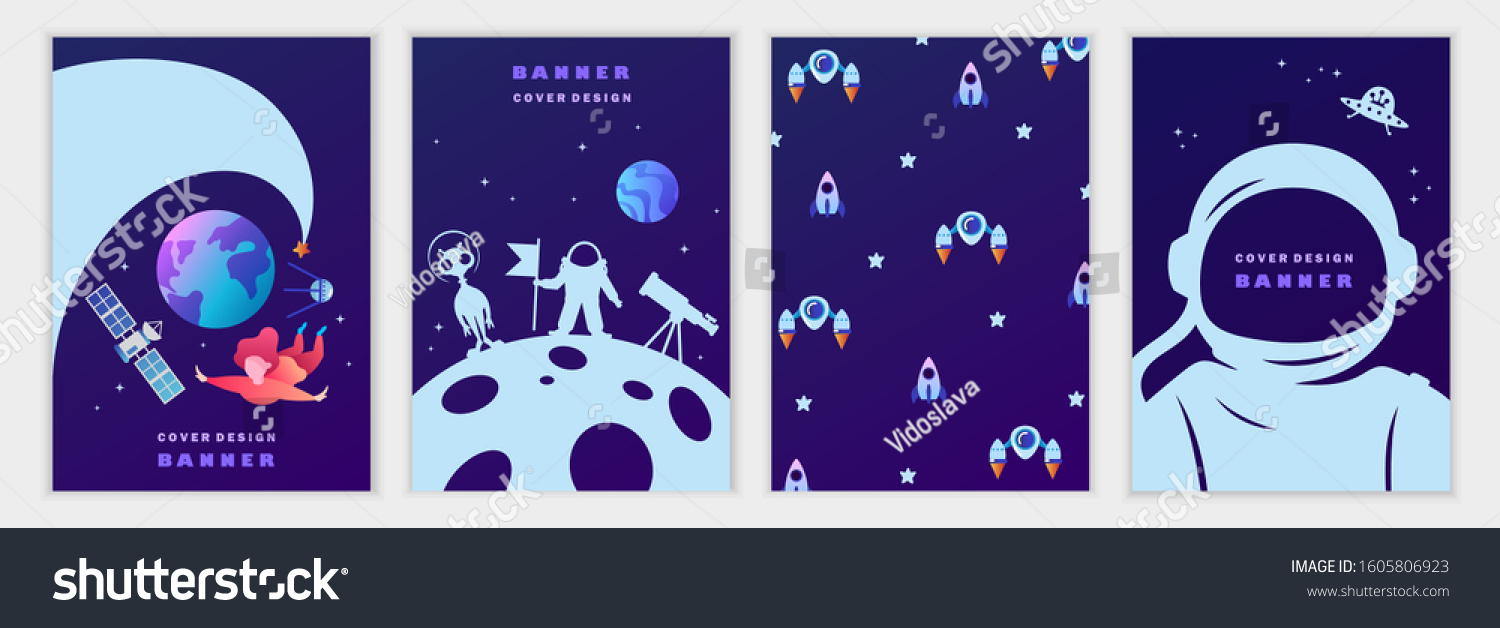 Set of space templates for banners  invitations  flyers  cards  flyers  covers. Science  planets  astronaut  universe. Vector children's illustration. Blue sky. Space trip.