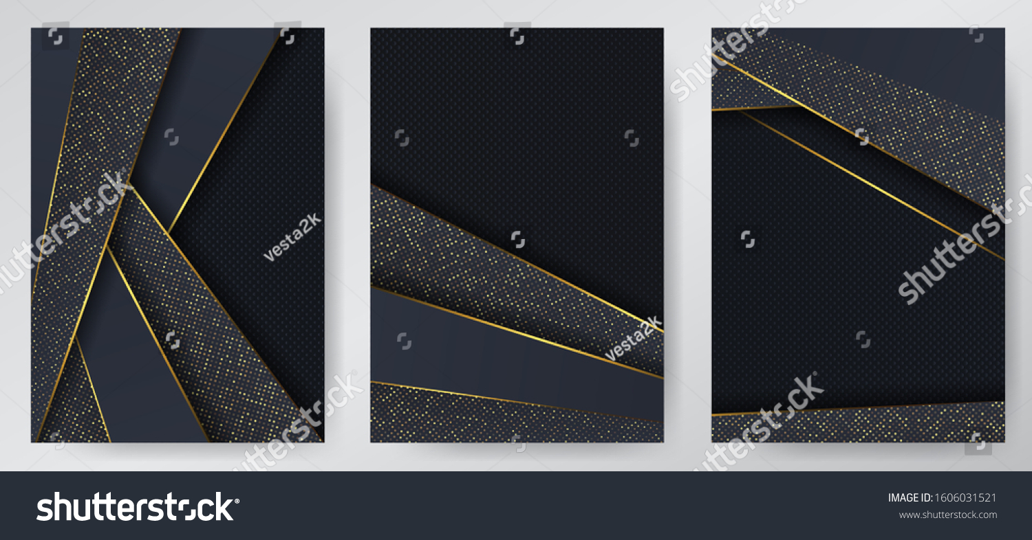 Carbon luxury abstract background with black overlap layers. Texture carbon with luxury golden glitters dots. Trmplate for cover of brochure  flyer  catalod. Set of backgrounds
