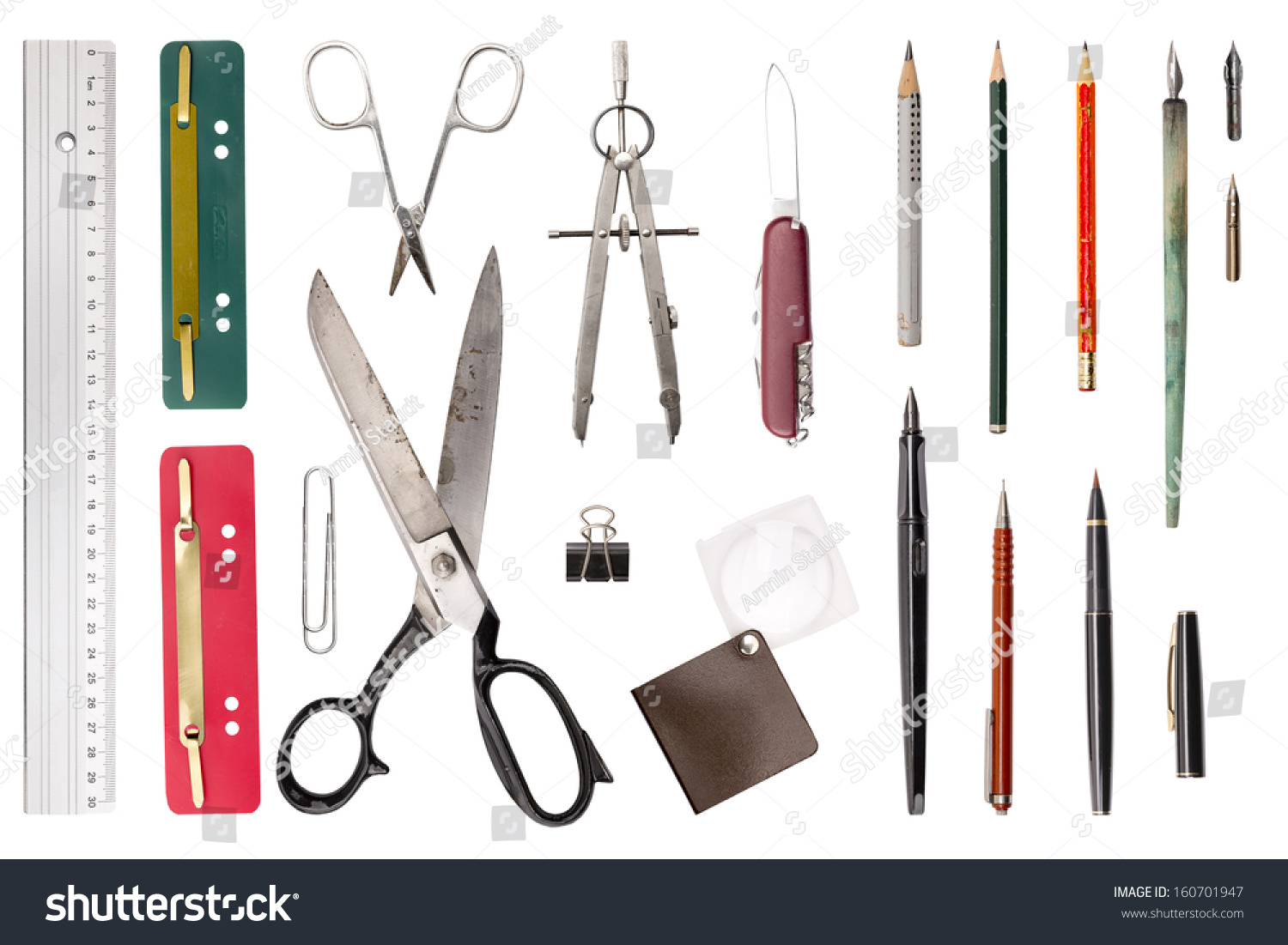 collection of old used office drawing tools isolated on white._站酷海洛_正版 ...