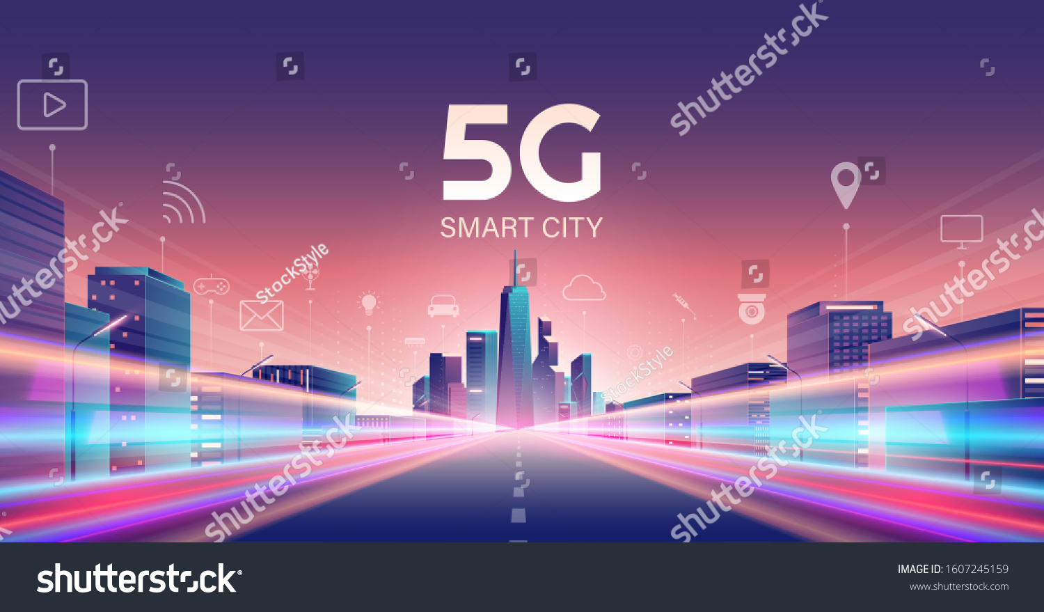 5G无线网络和智能城市概念。夜城市城市具有事物和服务图标连接 物联网 5G网络无线带有高速连接平面设计。