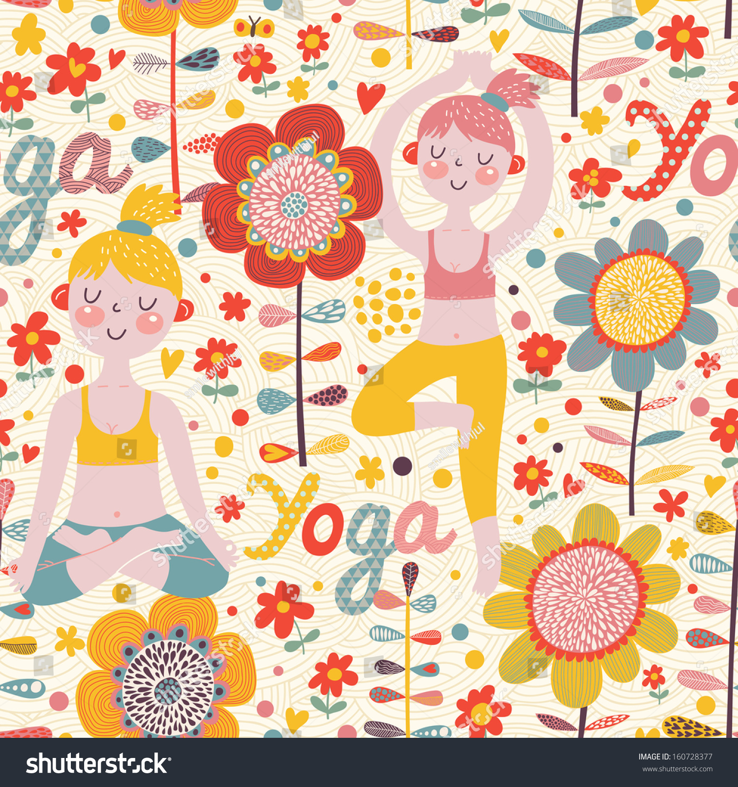 Yoga training in flowers - concept seamless pattern in vector. Beautiful girls in bright flowers in cartoon style. Healthy background 