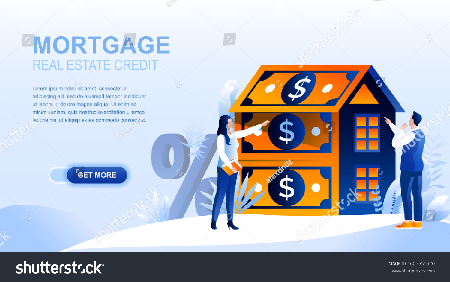 Mortgage flat landing page with header  banner vector template. Loan to buy real property  real estate  housing  accomodation website layout. People cartoon characters  house made of dollar banknotes