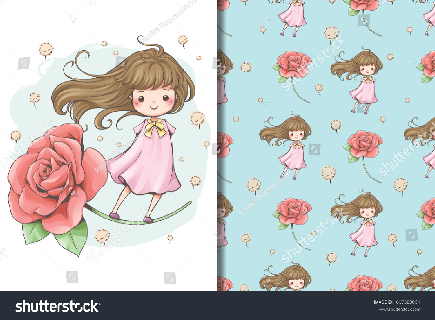 Seamless pattern and wallpaper template cute Fairy tale  rose and grss flower set  kawaii character cartoon design  gift wrapping pattern  screen wallpaper  cards and postcard.