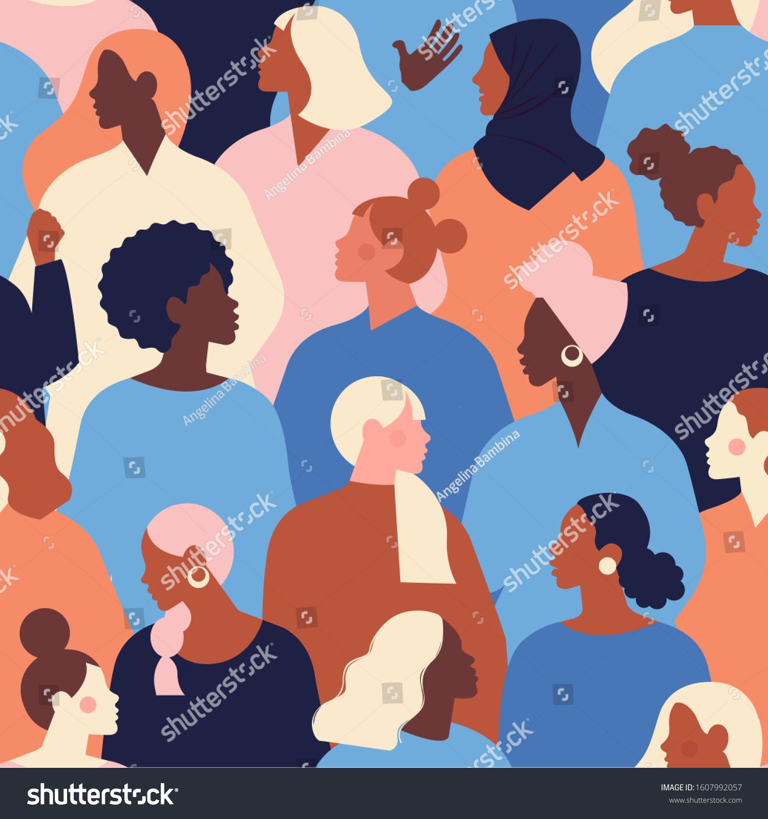 Female diverse faces of different ethnicity seamless pattern. Women empowerment movement pattern. International women's day graphic in vector. 