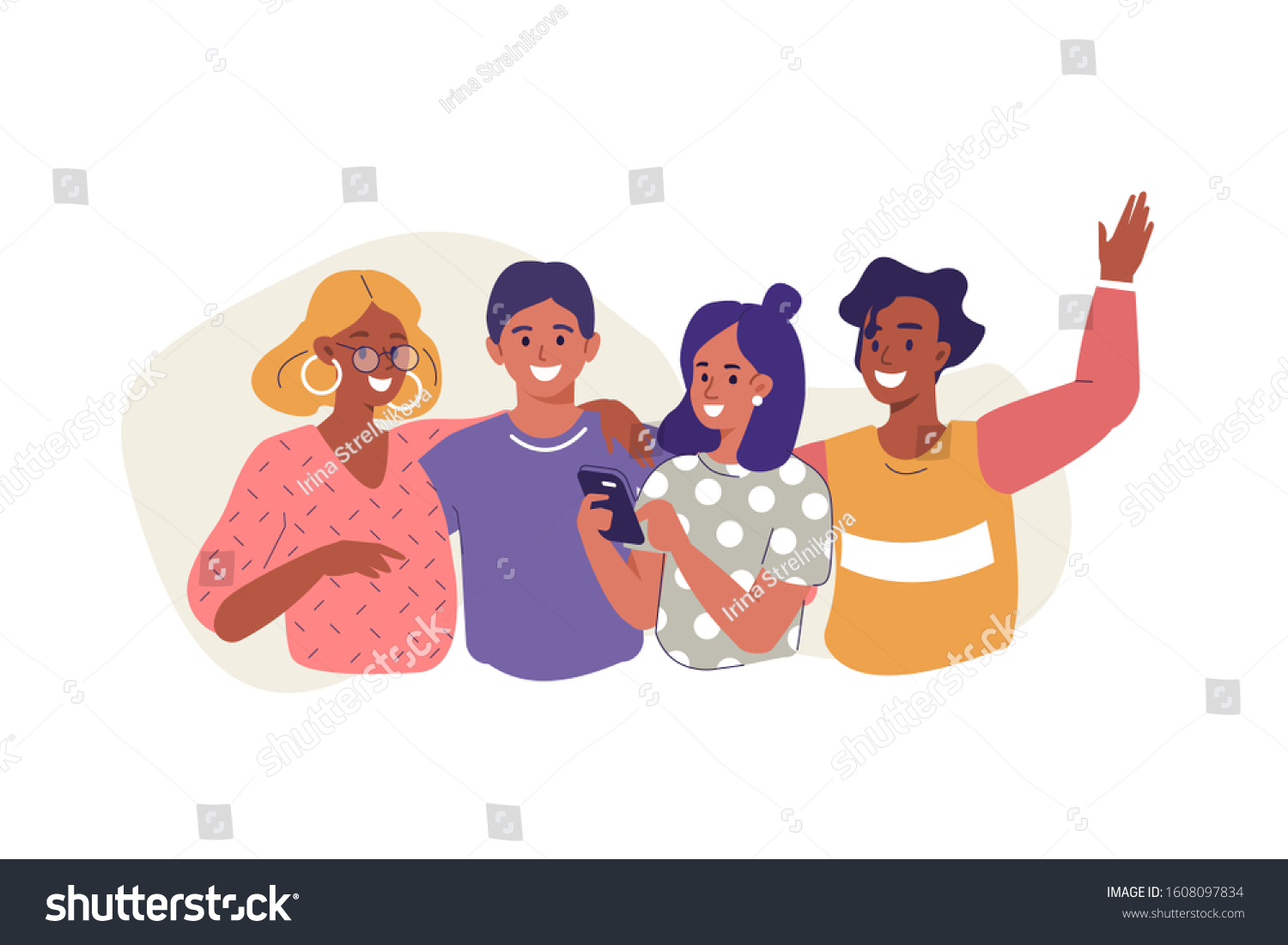 Friends Standing Together. Diverse People Group Portrait. Happy Woman and Man Characters Hugging Laughing and Having fun. Young Creative Team. Friendship Concept. Flat Cartoon Illustration.