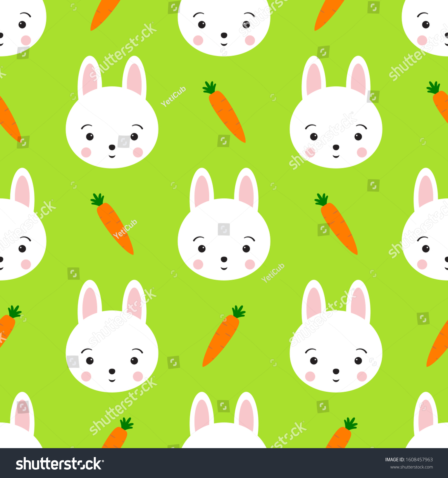 Cute rabbit bunny seamless pattern. Kawaii little animal face and carrot on bright green background. Design for kid  child  baby  clothes  gift  scrap paper  wallpaper. Vector endless repeat  ornament