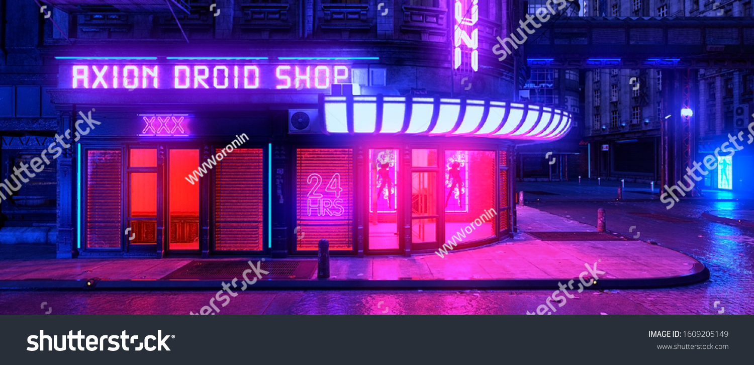 在一个未来派的城市中 五颜六色的霓虹灯之夜。店面带有明亮的霓虹灯。 Cyber​​punk风格的城市景观。 3D插图。美丽的城市墙纸。