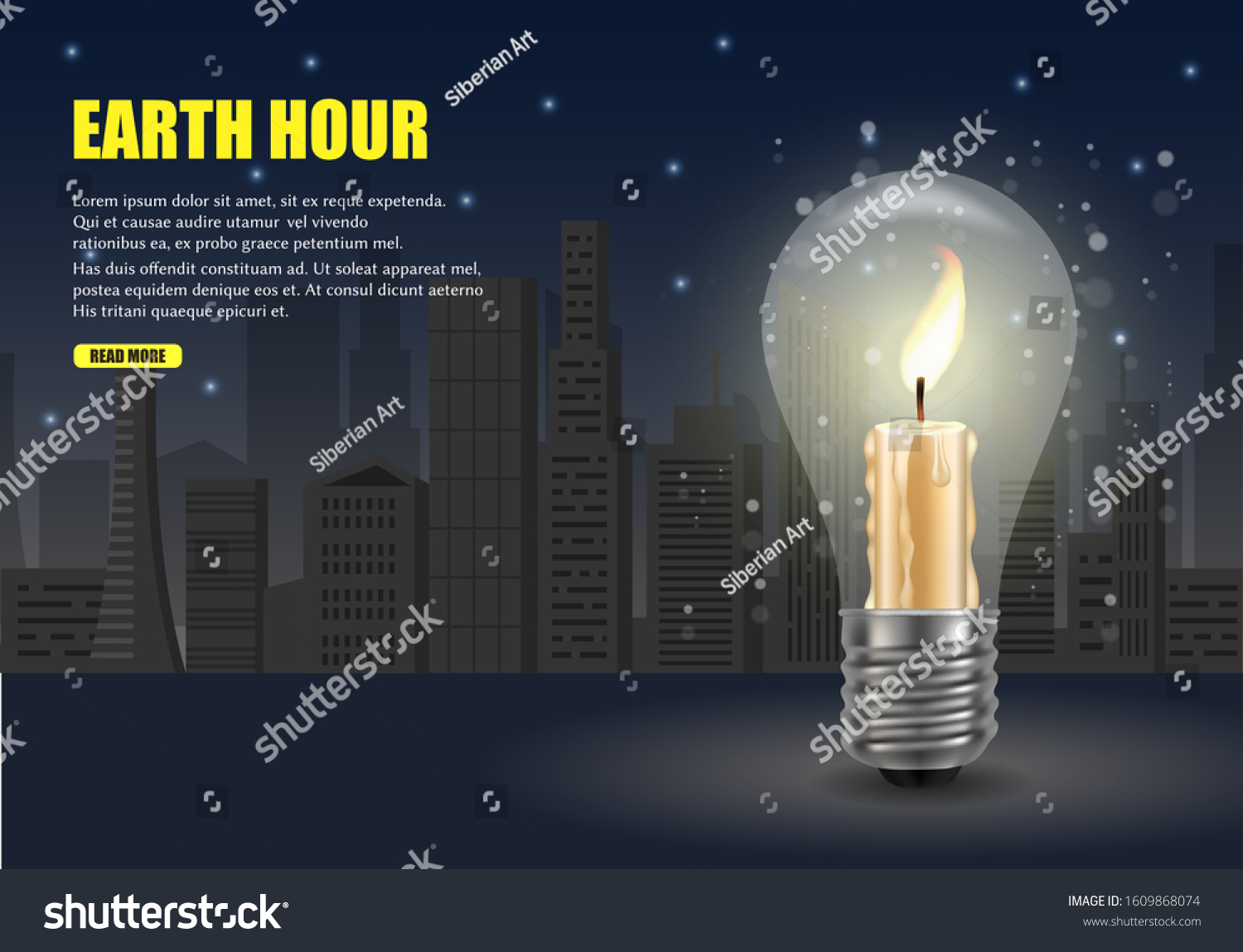 Earth hour web banner vector template. Burning candle inside of light bulb on night city background. Earth Hour worldwide energy saving annual environmental campaign.
