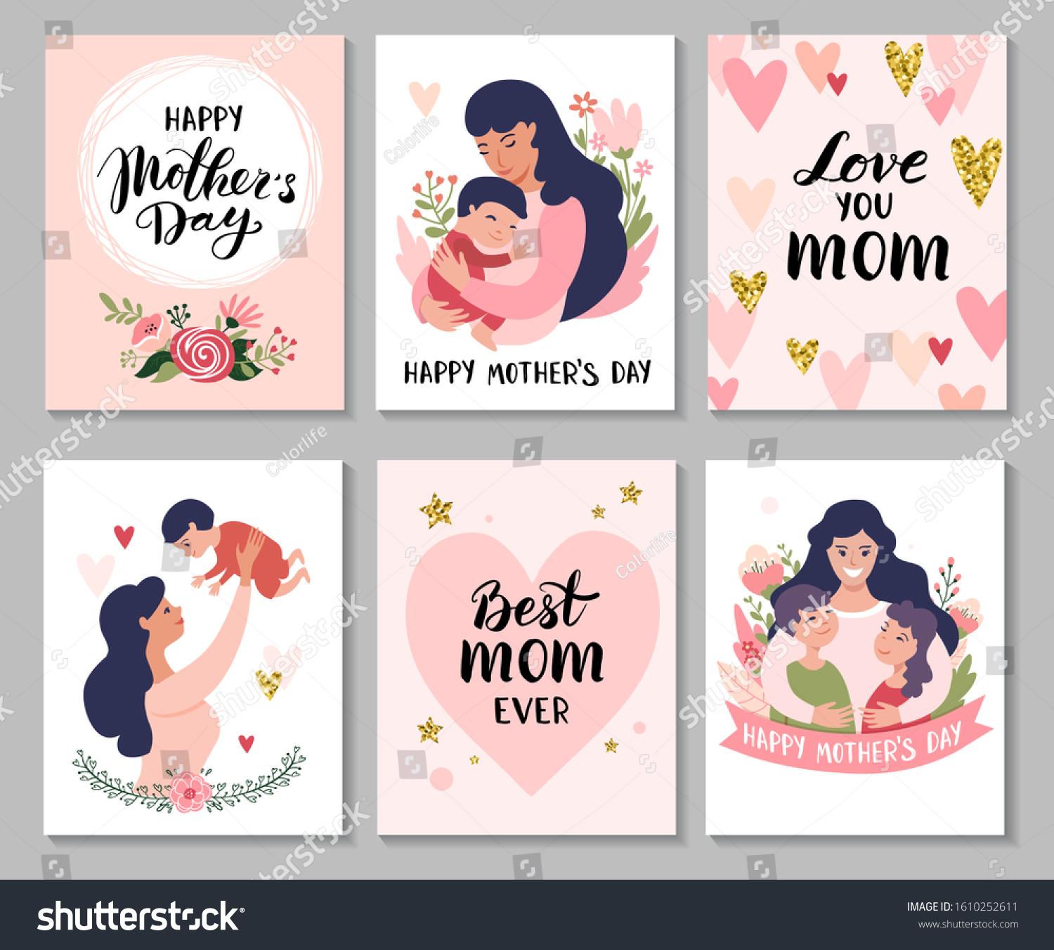 Set of Happy Mothers Day greeting cards-  Calligraphy backgrounds and cartoon Mom with daughter & son. Vector illustration.