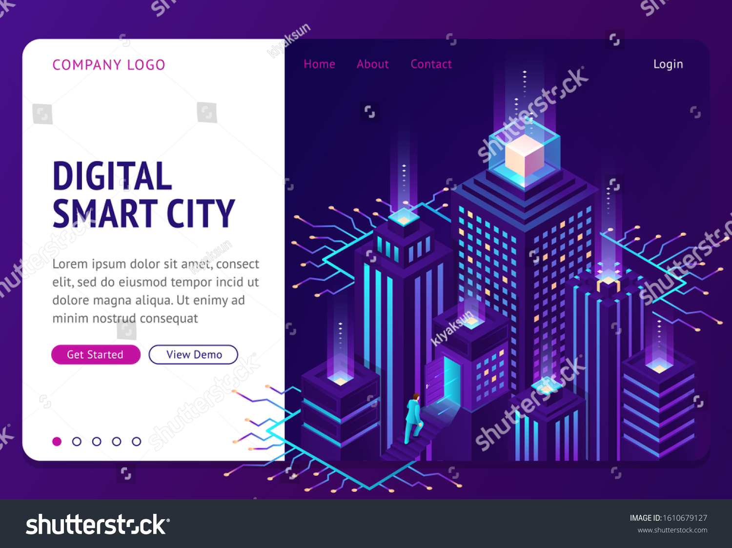 Digital smart city isometric landing page. Businessman going upstairs to open door in neon glowing intelligent building with microcircuit elements. Iot technology 3d vector illustration  web banner