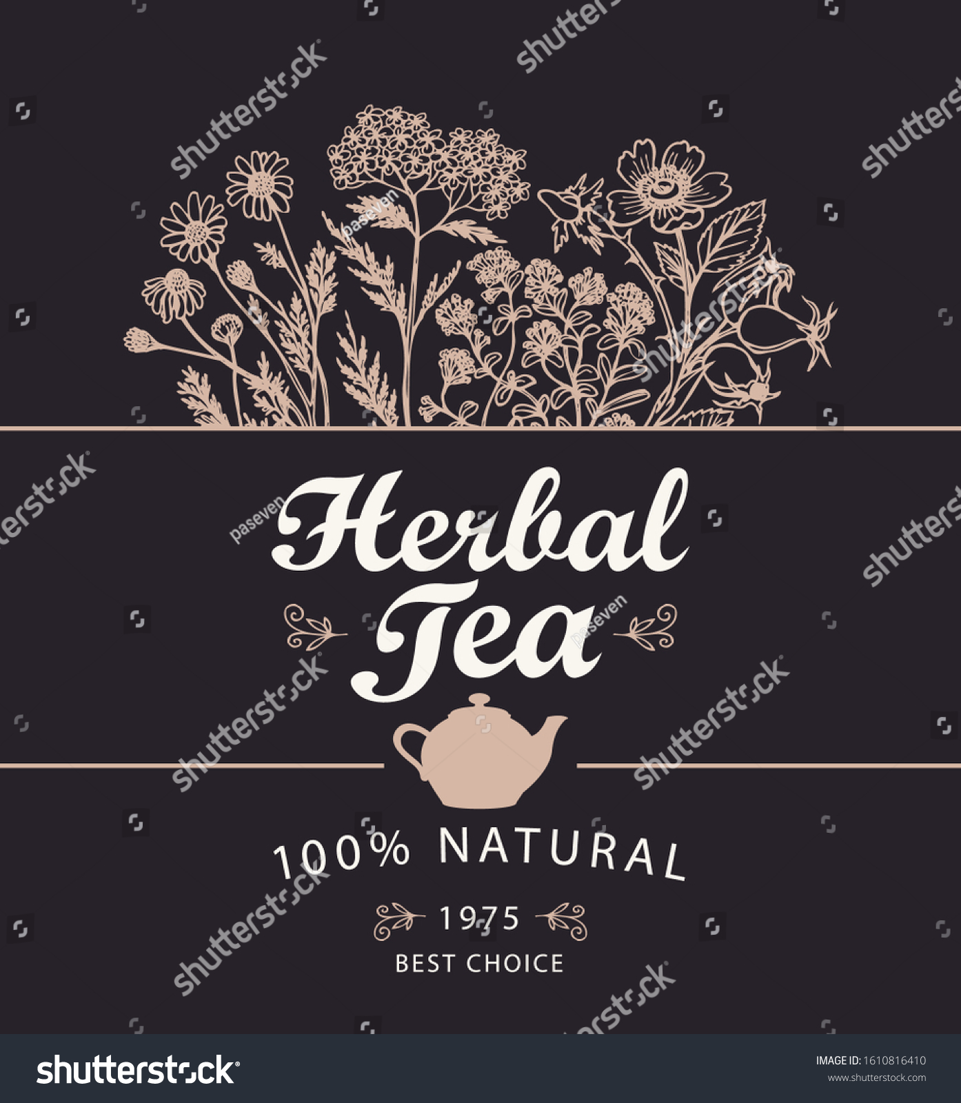 Vector banner or label for a herbal tea with hand-drawn herbs  calligraphic inscription and teapot in retro style on black background.