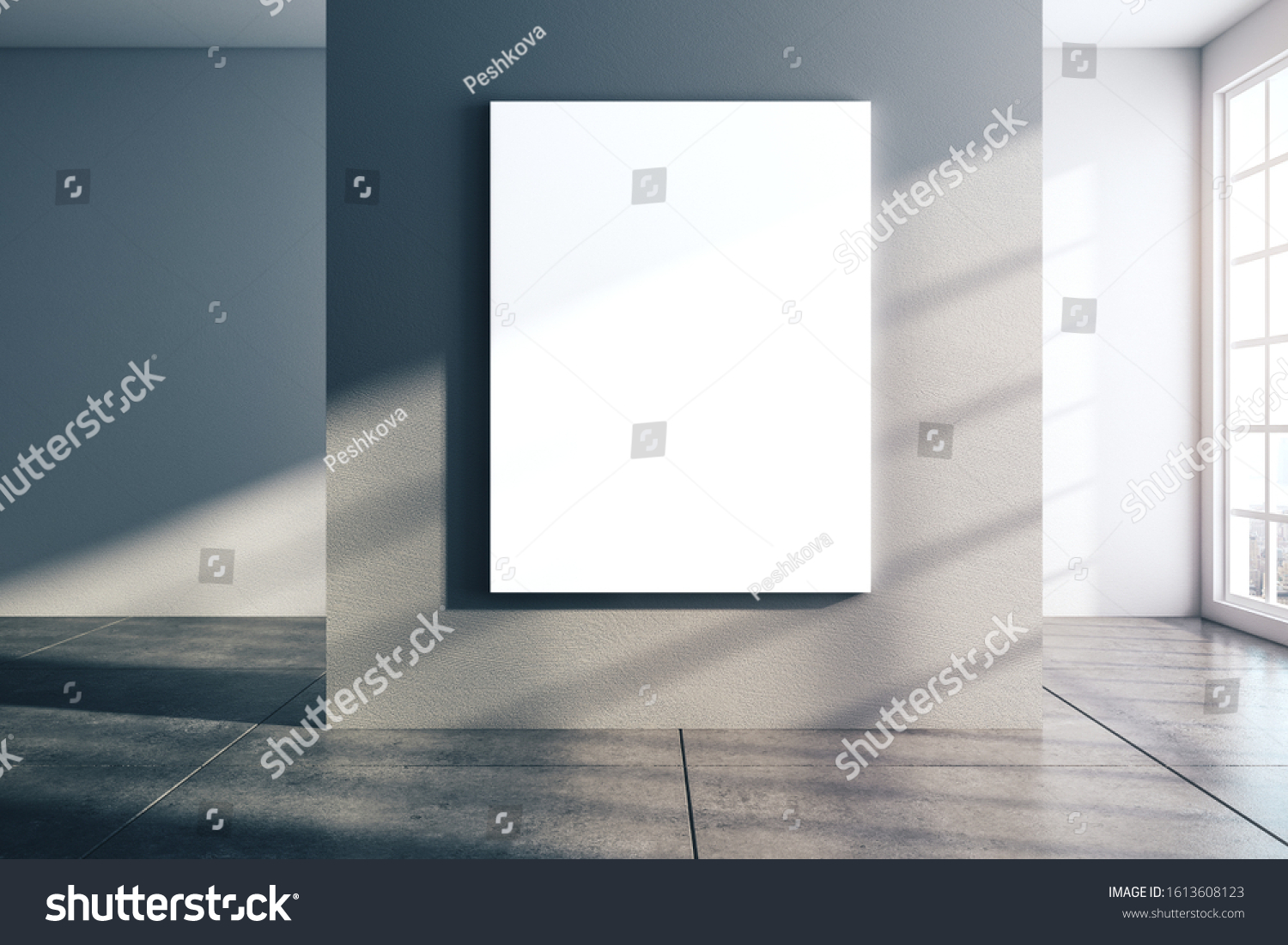 Contemporary concrete interior with empty banner  with sunlight. Mock up  3D Rendering