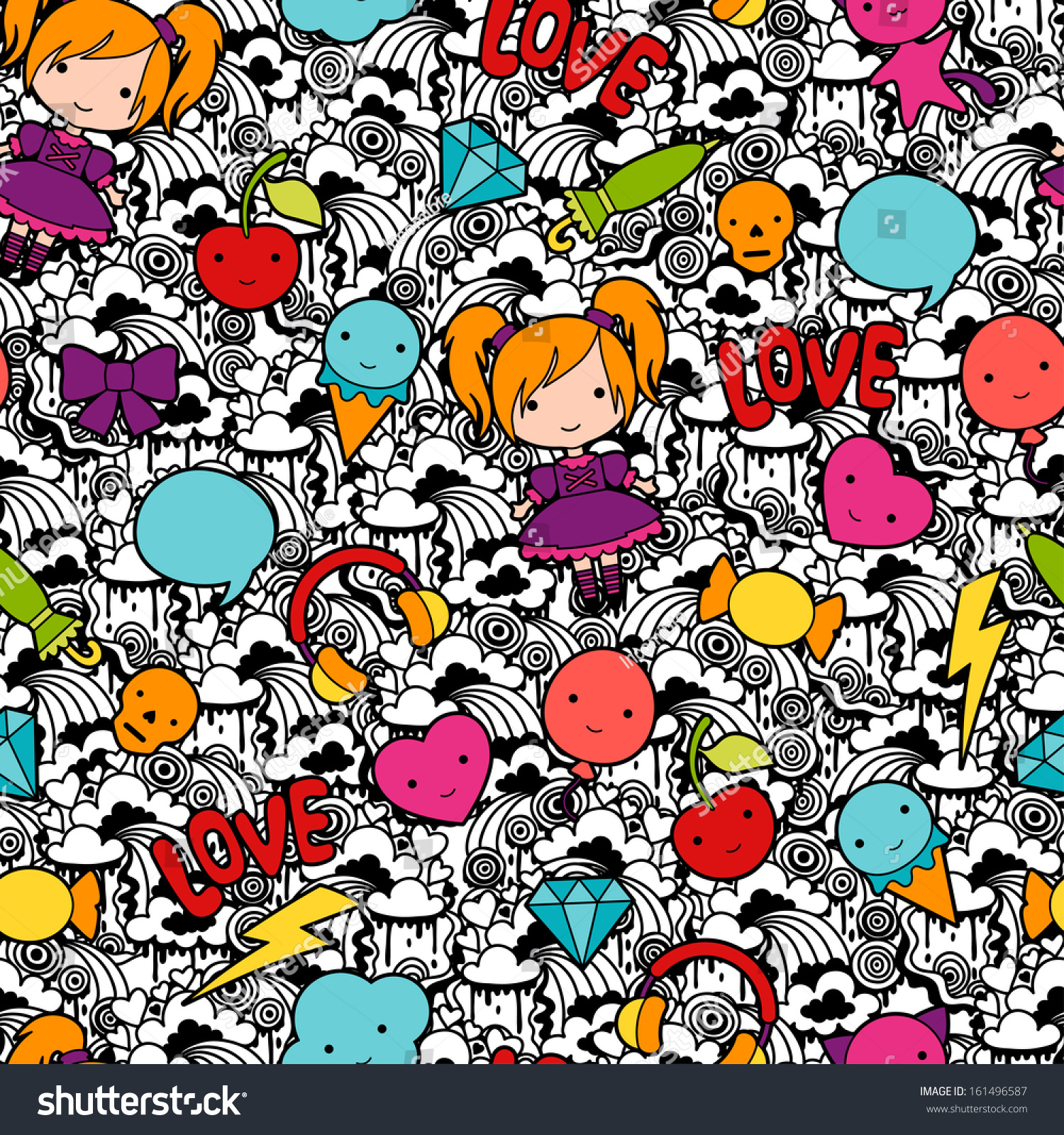 Seamless kawaii child pattern with cute doodles.
