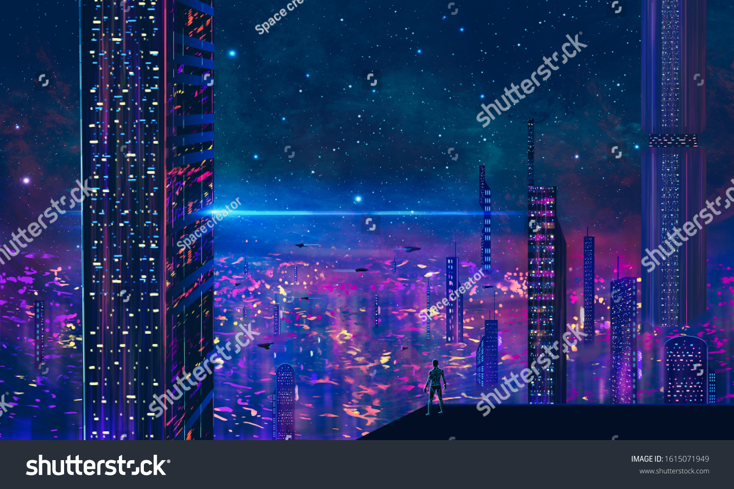 站在屋顶上的人 寻找抽象的现代科幻色彩丰富的城市 夜空和星星。 3D插图。