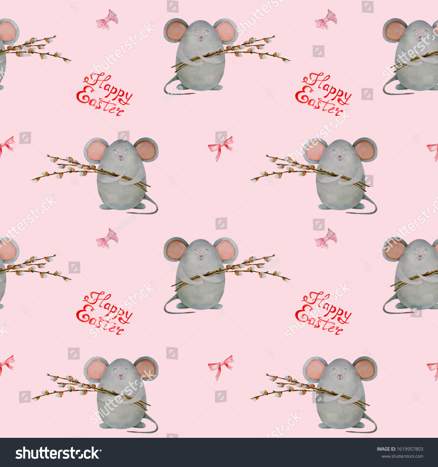 Watercolor seamless pattern with egg and willow branches