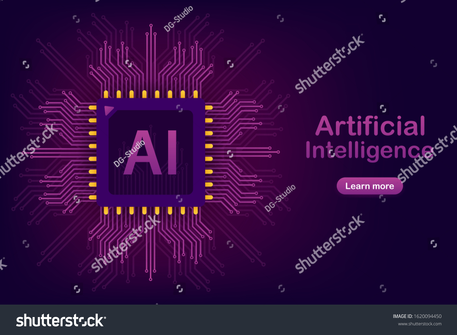 Artificial Intelligence landing page. Ai banner. Website template for deep learning concept. Vector stock illustration.