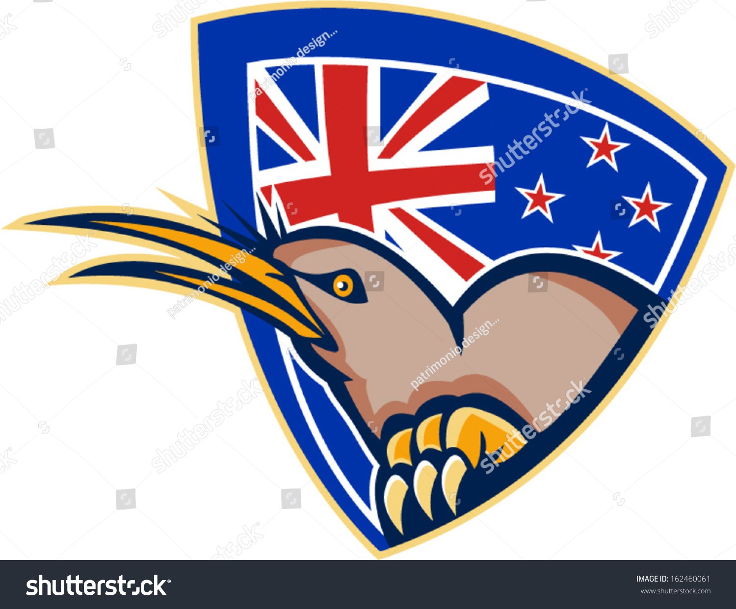 Illustration of an angry kiwi bird head viewed from side with New Zealand flag in background set inside crest shield done in retro style.