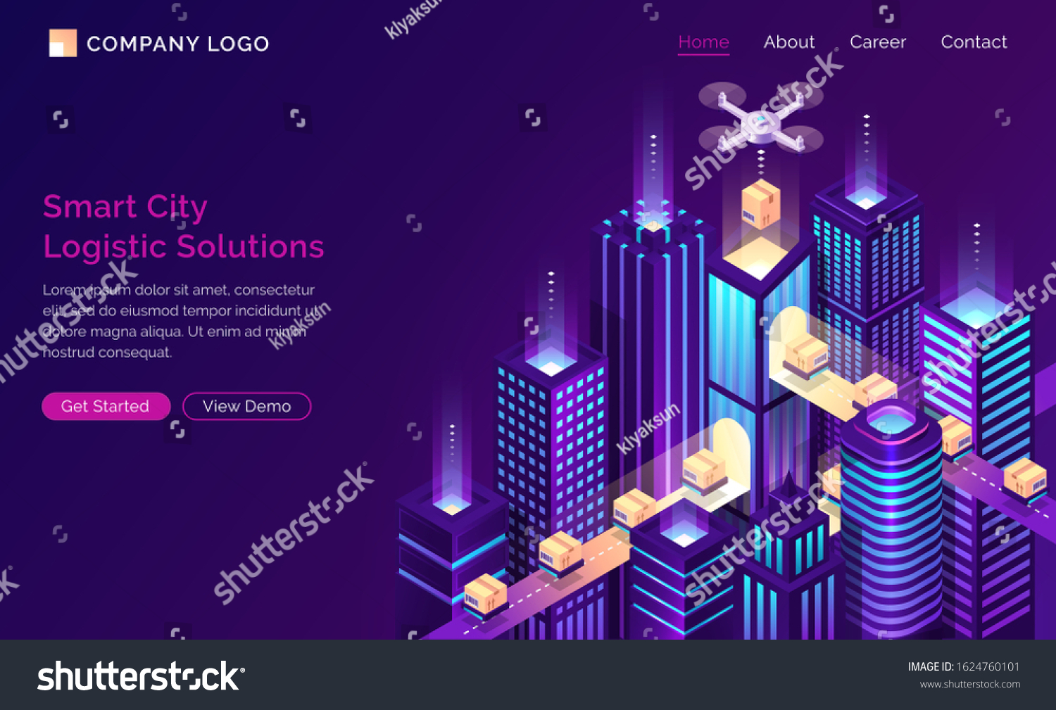 Smart city logistic solutions isometric landing page. Drone delivery cargo on conveyor belt at modern neon buildings. Goods transportation export and import service 3d vector illustration  web banner