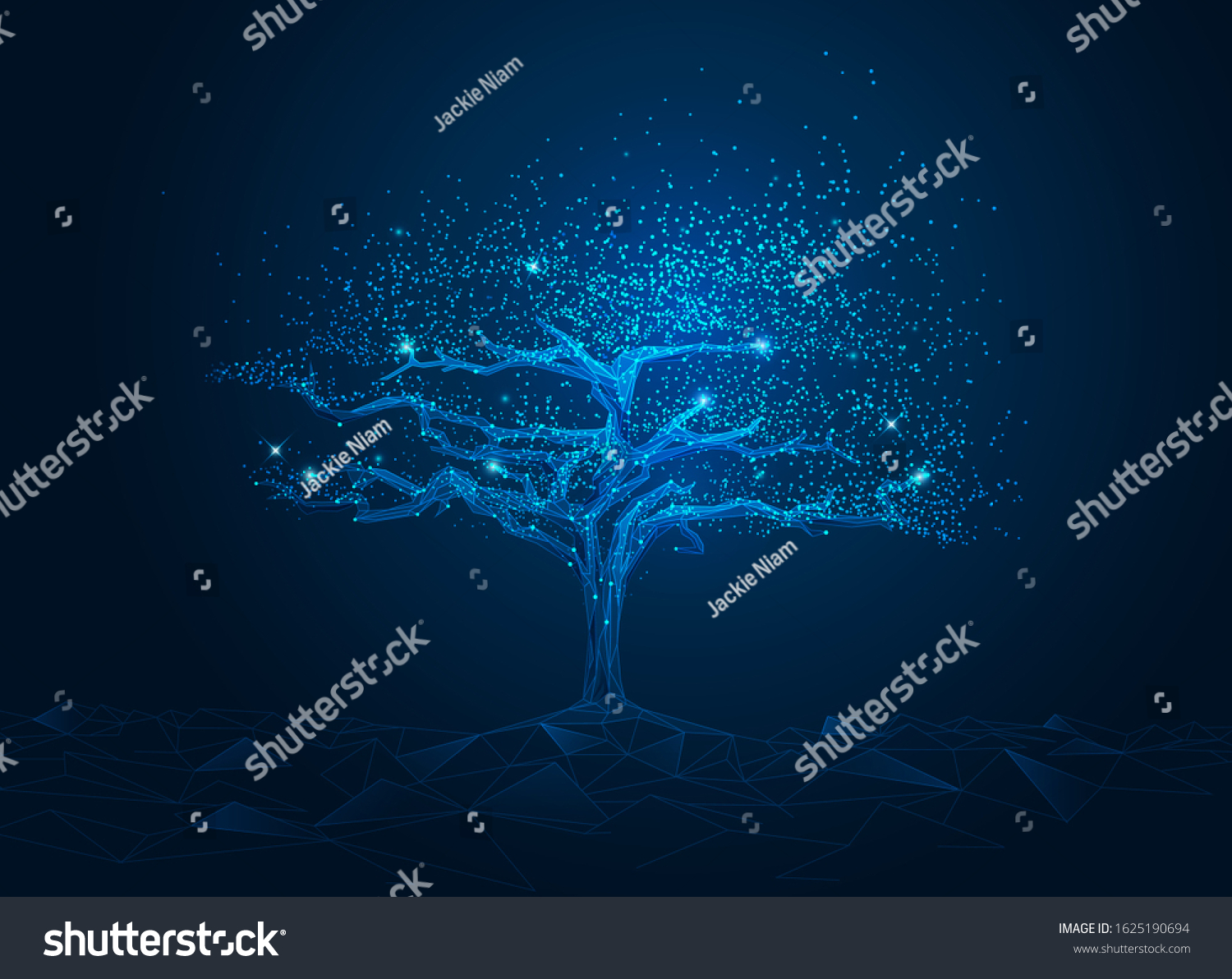 concept of network connection technology or big data  blue cyber polygon tree with futuristic element
