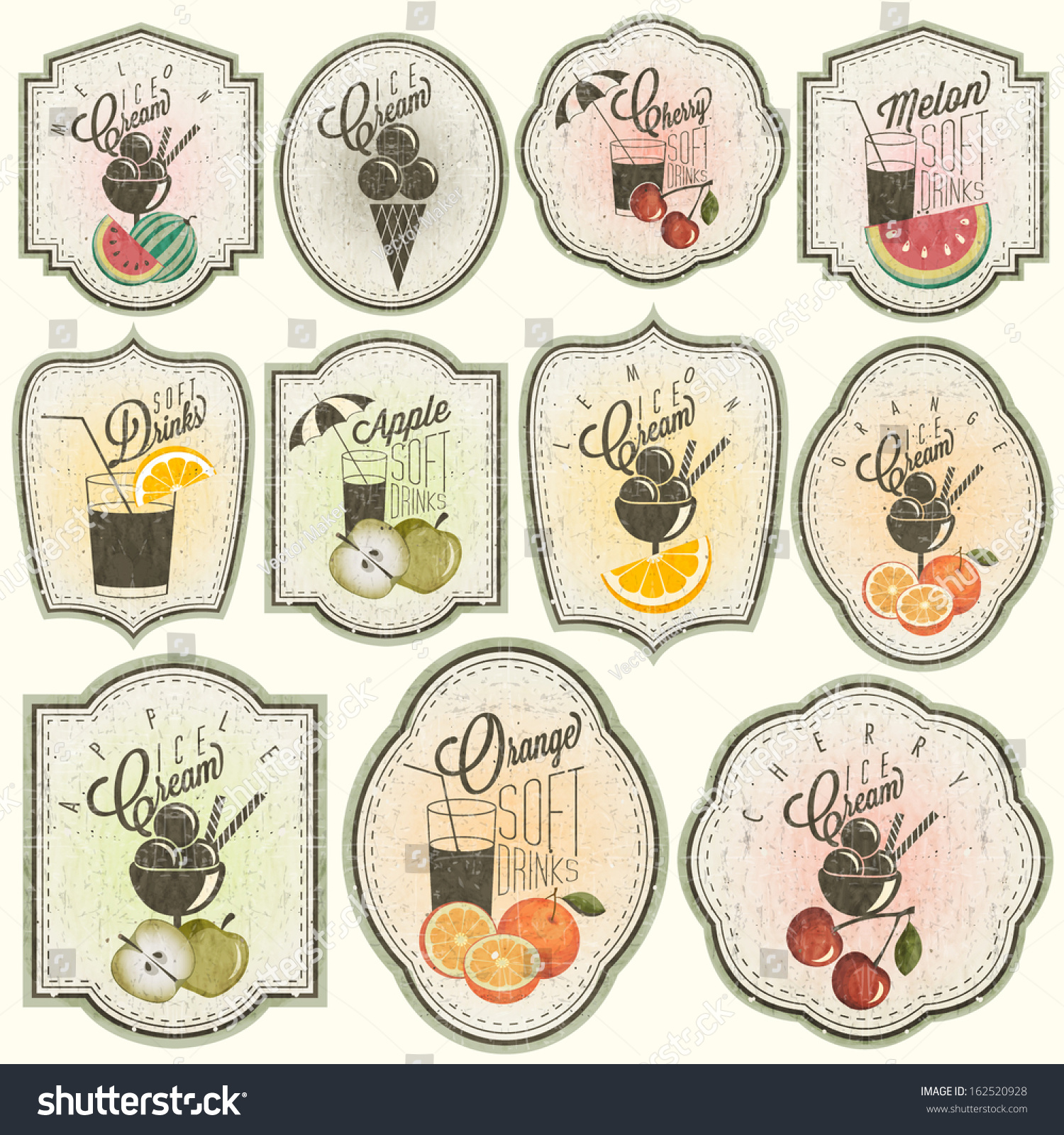 Retro vintage style Soft Drinks and Ice Creams design. Set of Calligraphic titles and symbols for Fruit design. Hand-drawn style. Orange  Melon  Apple and Cherry illustrations. Fruit Vintage Labels